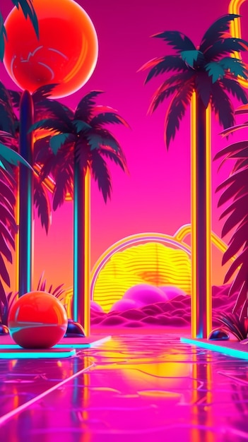 Neon Tropical Synthwave Theme 3D streszczenie tło