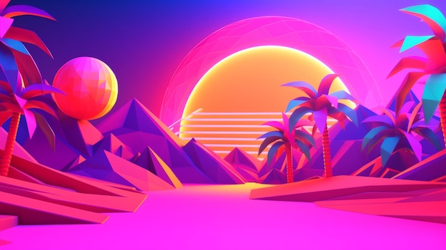 Neon Tropical Synthwave Theme 3D streszczenie tło