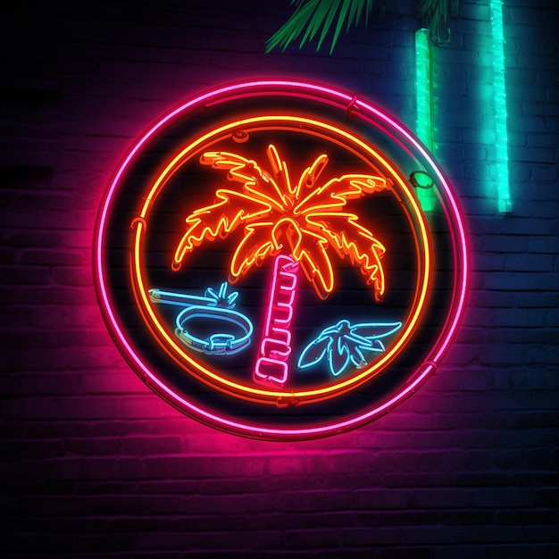 Neon z napisem „palmy” i napis „kokos”.