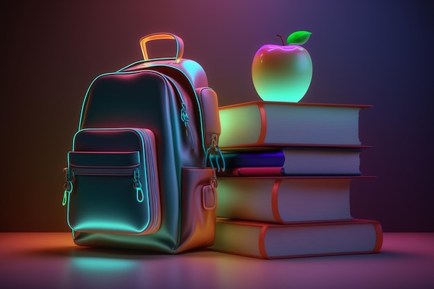 neon z powrotem do szkoły w tle książki jabłko i plecak