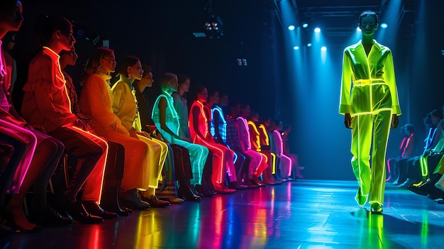 Zdjęcie neonlight fashion show z publicznością w żywych kolorach trendy event showcase stylistyczna prezentacja na pasie startowym nowoczesny styl ai