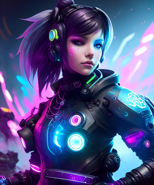 Neonowa cyberpunkowa bogini Enchanting Fantasy World i grafika inspirowana Overwatch