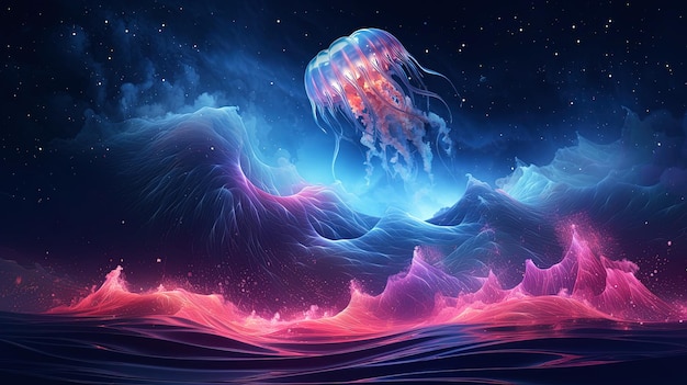 Neonowa fala meduzy ciemne abstrakcyjne tło Generowanie AI