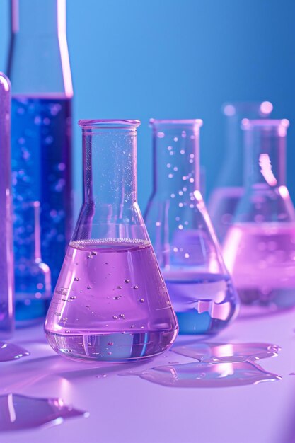 Neonowa fioletowa kolba szklana w niebieskim laboratorium badawczym chemicznym lub medycznym