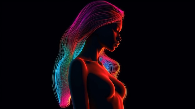 Neonowa kobieta z długimi włosami i różową sztuczną inteligencją