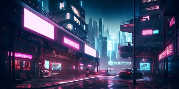Neonowa przyszłość Szkic ilustracyjny futurystycznego miasta w stylu cyberpunk Pusta ulica neon