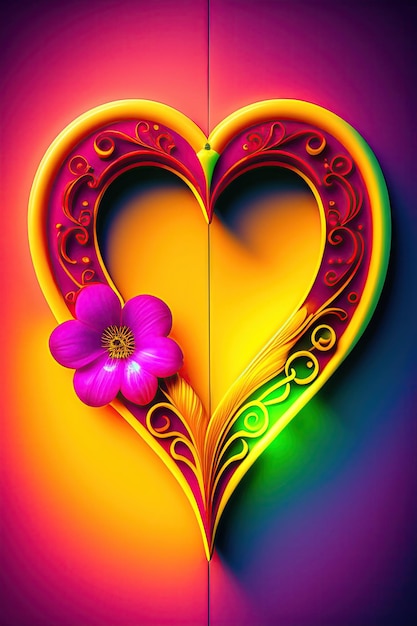 Neonowa ramka w kształcie serca z egzotycznym motywem kwiatowym
