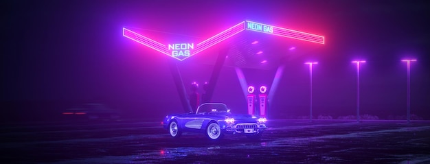 Neonowa Stacja Benzynowa I Samochód Retro Vintage Cyberpunk Auto Mgła Deszcz I Noc Kolorowe żywe Odbicia Na Asfalcie Ilustracja 3d