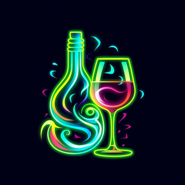 Zdjęcie neonowa szklanka do wina i butelka z wirami na czarnym tle