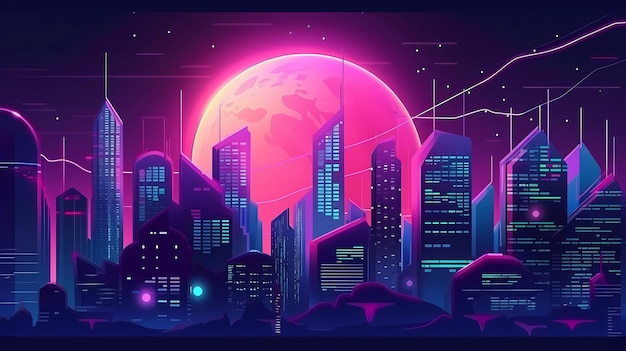 Neonowe futurystyczne miasto cyberpunk z księżycem w tle generatywnej ai