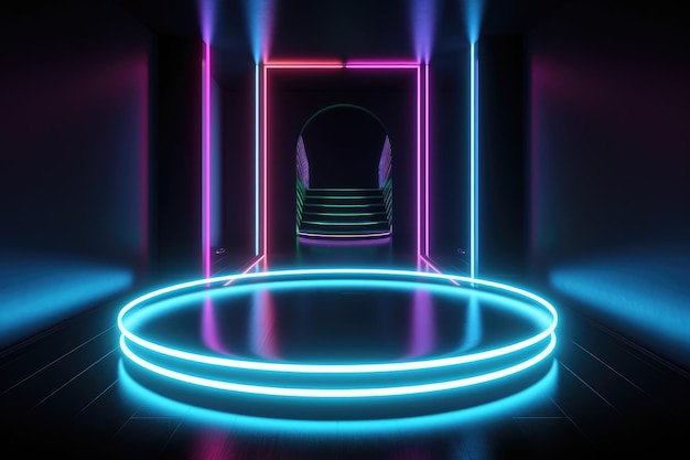 Neonowe koło świecące wiązki laserowe Korytarz korytarza z pustym podium