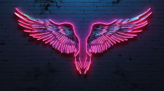 Neonowe kolorowe skrzydła aniołów na neonowej ścianie kopiowania przestrzeni tła