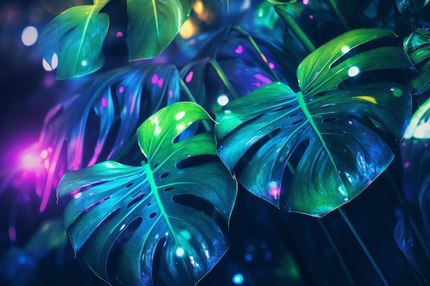 neonowe liście Monstera deliciosa rosnące w tropikalnym lesie dla kreatywnych elementów projektu