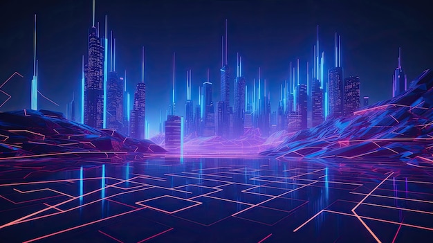 Neonowe miasto Synthwave retro futurystyczny cyber krajobraz z lat 80. z technologią Generative AI