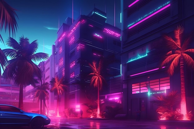 Neonowe miasto synthwave w stylu retrowave Wygenerowana sztuczna inteligencja sieci neuronowej