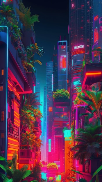 Neonowe miasto z palmą po lewej stronie