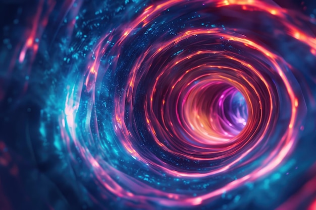 Neonowe niebieskie i fioletowe czerwone światło wirujące w środku abstrakcyjnych kształtów czarnej dziury