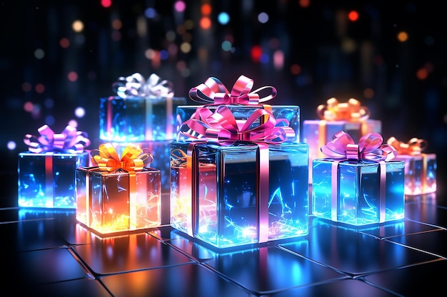 Neonowe pudełka na prezenty z kokardą na tle świątecznej wyprzedaży z efektem bokeh Generacyjna sztuczna inteligencja