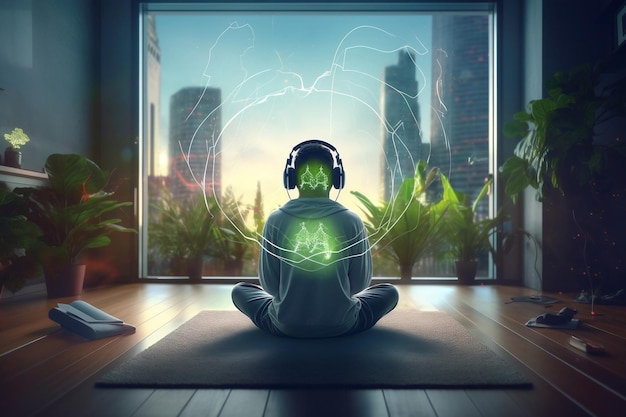 Neonowe słuchawki Android Medytacja z generatywną sztuczną inteligencją muzyki
