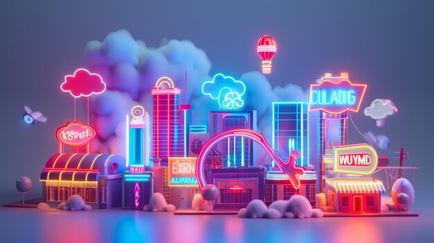 Neonowe światła i znaki w zabawkowym krajobrazie miejskim w stylu 3D izolowane latające obiekty w stylu Memphis 3D renderowanie ilustracji generowanej przez AI