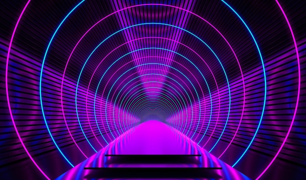 Neonowe światło korytarza Podium tło sceny futurystyczny niebieski fioletowy świecący kształt pusty ciemny tunel renderowania 3d