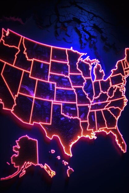 Neonowe światło na mapie na ciemnym tle stworzonej za pomocą generatywnego AI