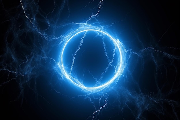 Neonowe światło niebieskiego koła energetycznego na czarnym tle