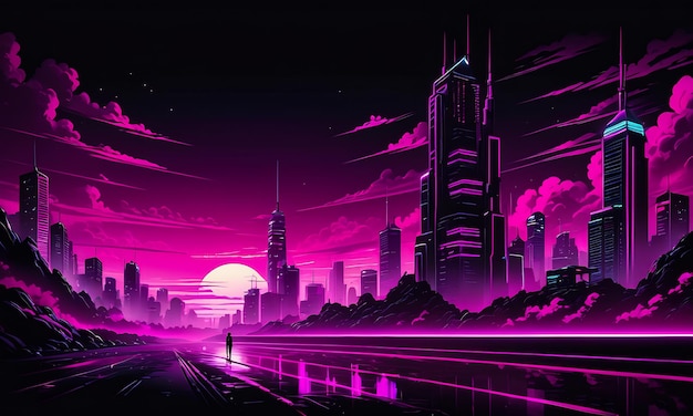 Neonowe tło synthwave retro cyber punk miasto pokój futurystyczne kolory magenta fioletowy