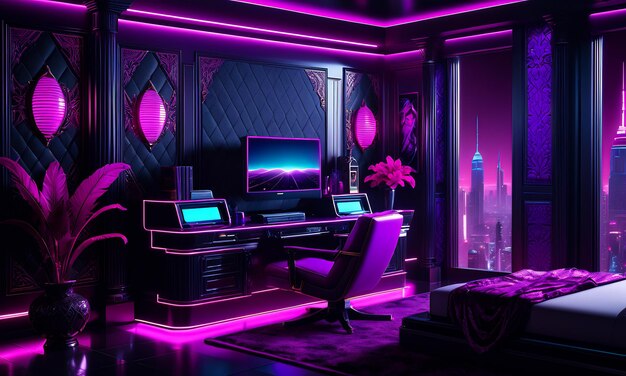 Neonowe tło synthwave retro cyber punk miasto pokój futurystyczne kolory magenta fioletowy