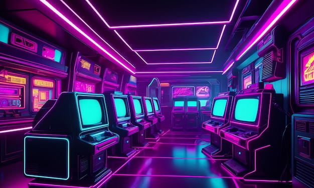 Neonowe tło synthwave retro cyber punk miasto pokój futurystyczne kolory magenta fioletowy