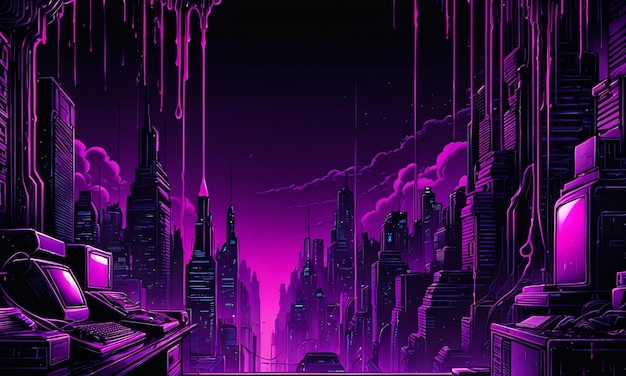 Neonowe tło synthwave retro cyber punk miasto pokój futurystyczne kolory magenta fioletowy