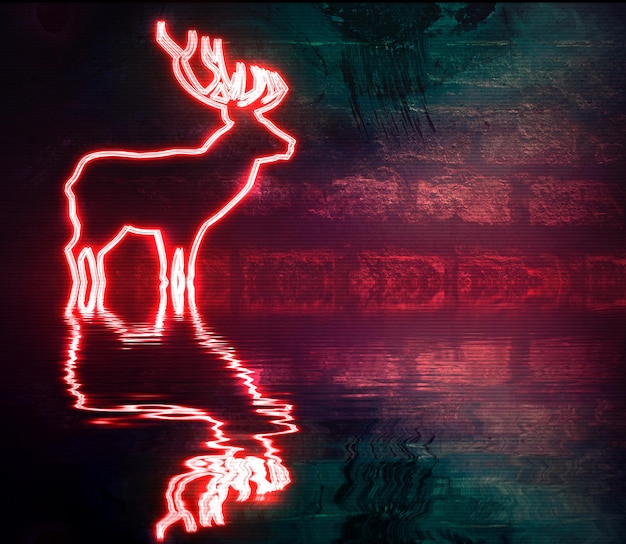 Neonowe tło, z teksturą cegły, kształtem jelenia