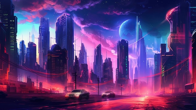 Neonowe tło z wygenerowaną sztuczną inteligencją Neon Cyberpunk Cityscape