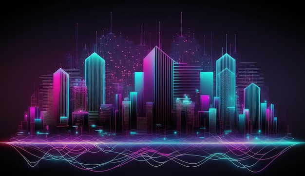 Neonowe wieże stolicy mega miasta z futurystycznym tłem technologii przyszłego budynku Generative Ai