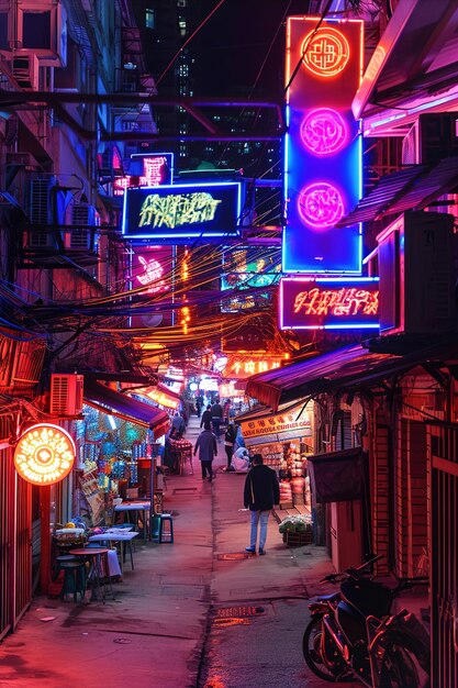Neonowe znaki i żywe światła oświetlające stragany nocnego rynku