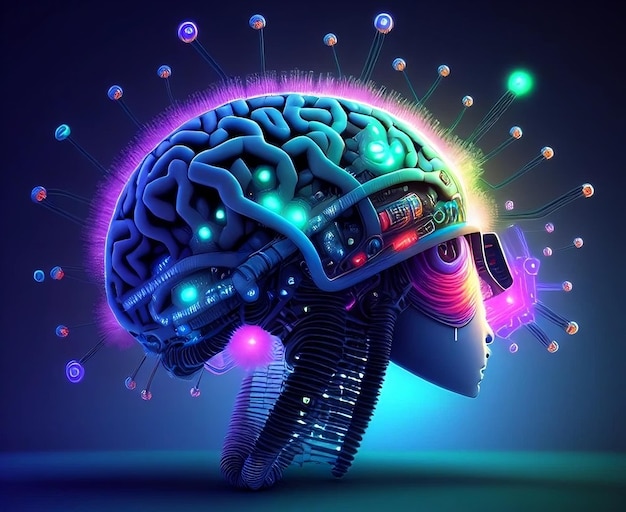 Neonowo-niebieski i fioletowy wizerunek ludzkiej głowy z mózgiem.