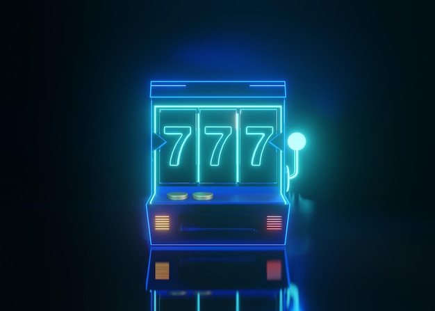 Neonowy automat z 777 znak gniazda 3d ilustracja renderowania