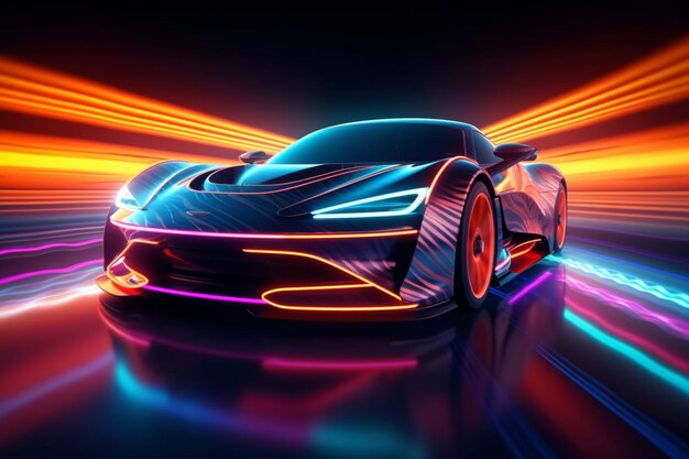 Neonowy demon prędkości Futurystyczny samochód sportowy przyspiesza dzięki żywym śladom świetlnym