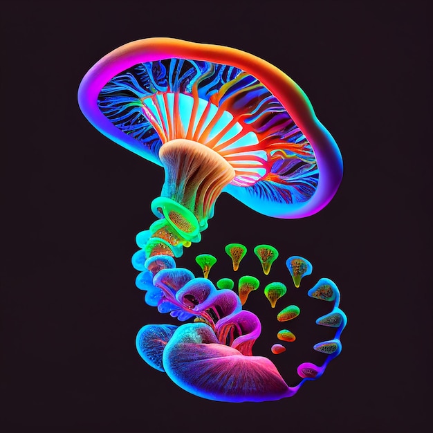 Neonowy grzybek ze spiralnym wzorem na dole.