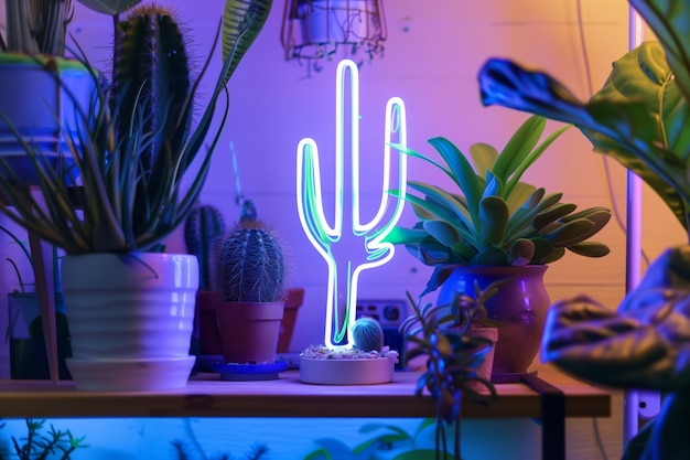 Zdjęcie neonowy kaktus na półce w salonie wśród roślin