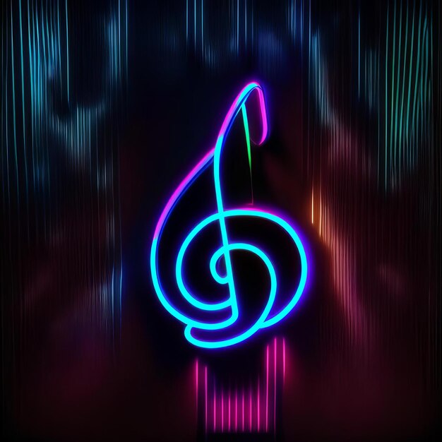 Zdjęcie neonowy klucz muzyczny na ciemnym tle symbol muzyki nocnej generowanej przez sztuczną inteligencję