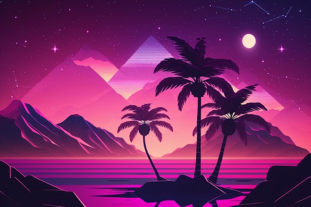 Neonowy krajobraz z palmami i górami.