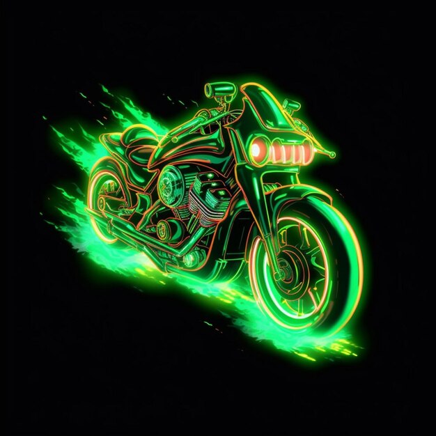 Zdjęcie neonowy motocykl ze śladem płomienia w tle.