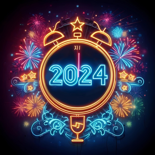 Neonowy numer Nowego Roku 2024 na tle fajerwerków i zegara o północy