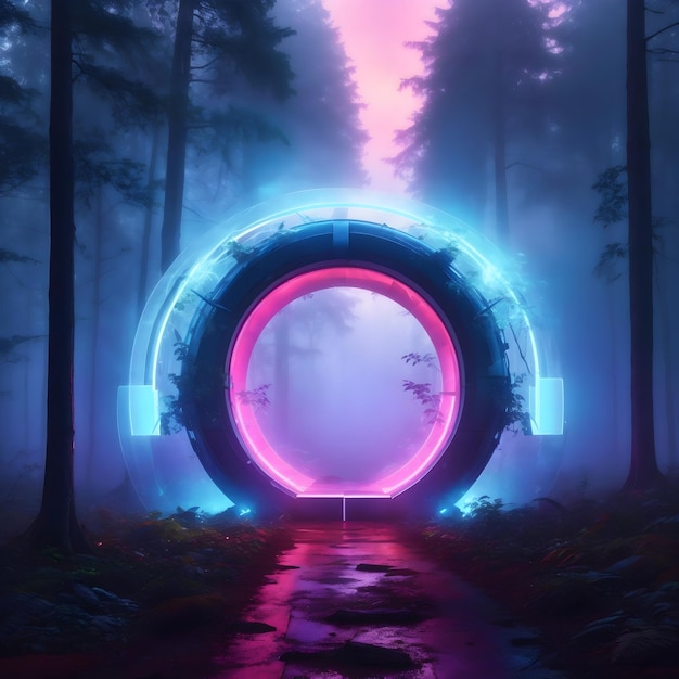 Neonowy portal w mglistym lesie łączący naturę i technologię