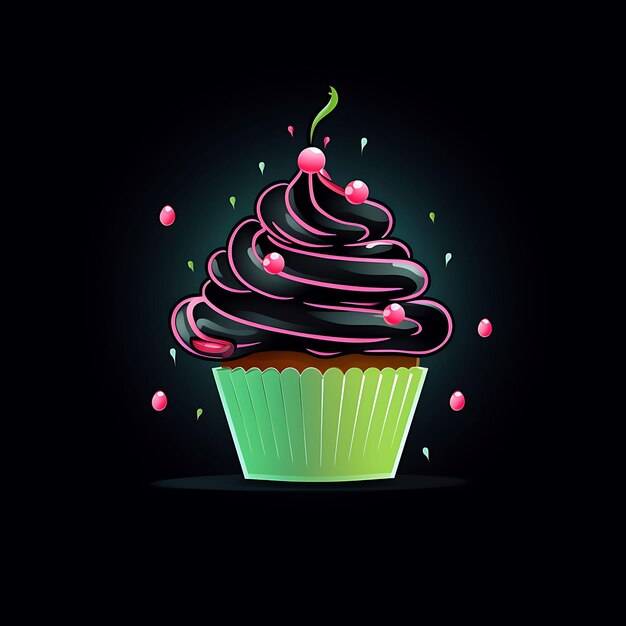 Neonowy projekt logo babeczki z posypką i wiśniami Słodki różowy i miętowy pomysł na tatuaż clipart