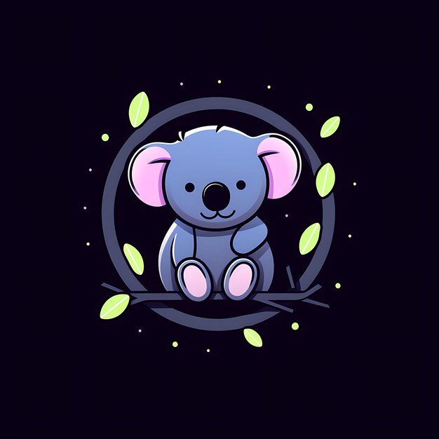 Neonowy projekt logo Koala Uroczy z gałązką eukaliptusa i śpiącym Expres Pomysł na tatuaż clipart