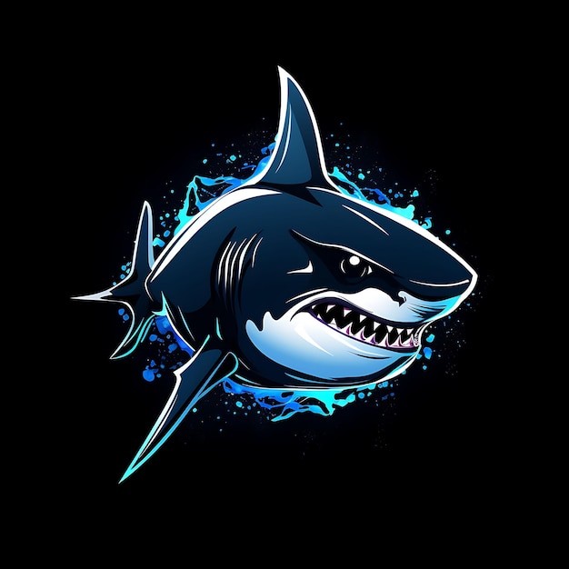 Neonowy projekt logo rekina ostry z ostrymi zębami i rozpryskami wody Abstra Clipart Idea Tattoo