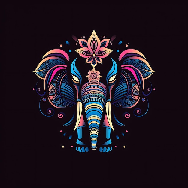 Neonowy projekt logo słonia Majestic z kwiatem lotosu i mandalą Abstrac Clipart Idea Tattoo