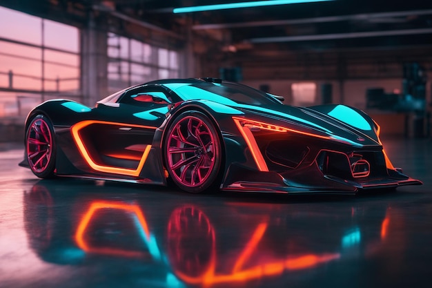 Neonowy sportowy przezroczysty super samochód z przyszłości.